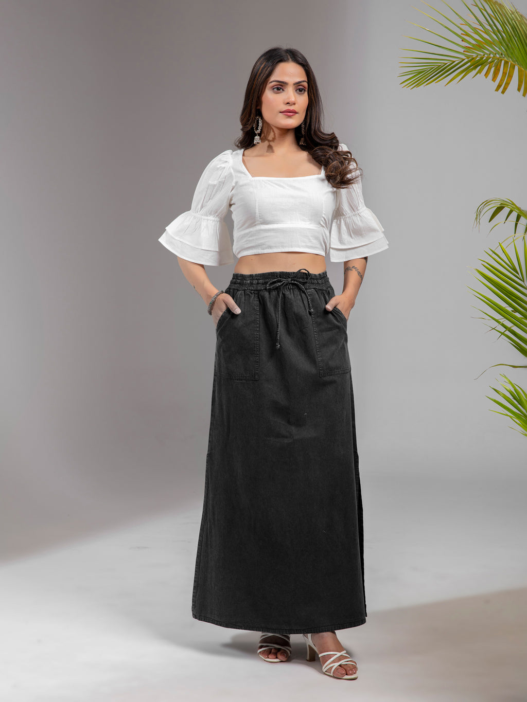 White Cotton Square Neck Balloon Sleeve Crop Top