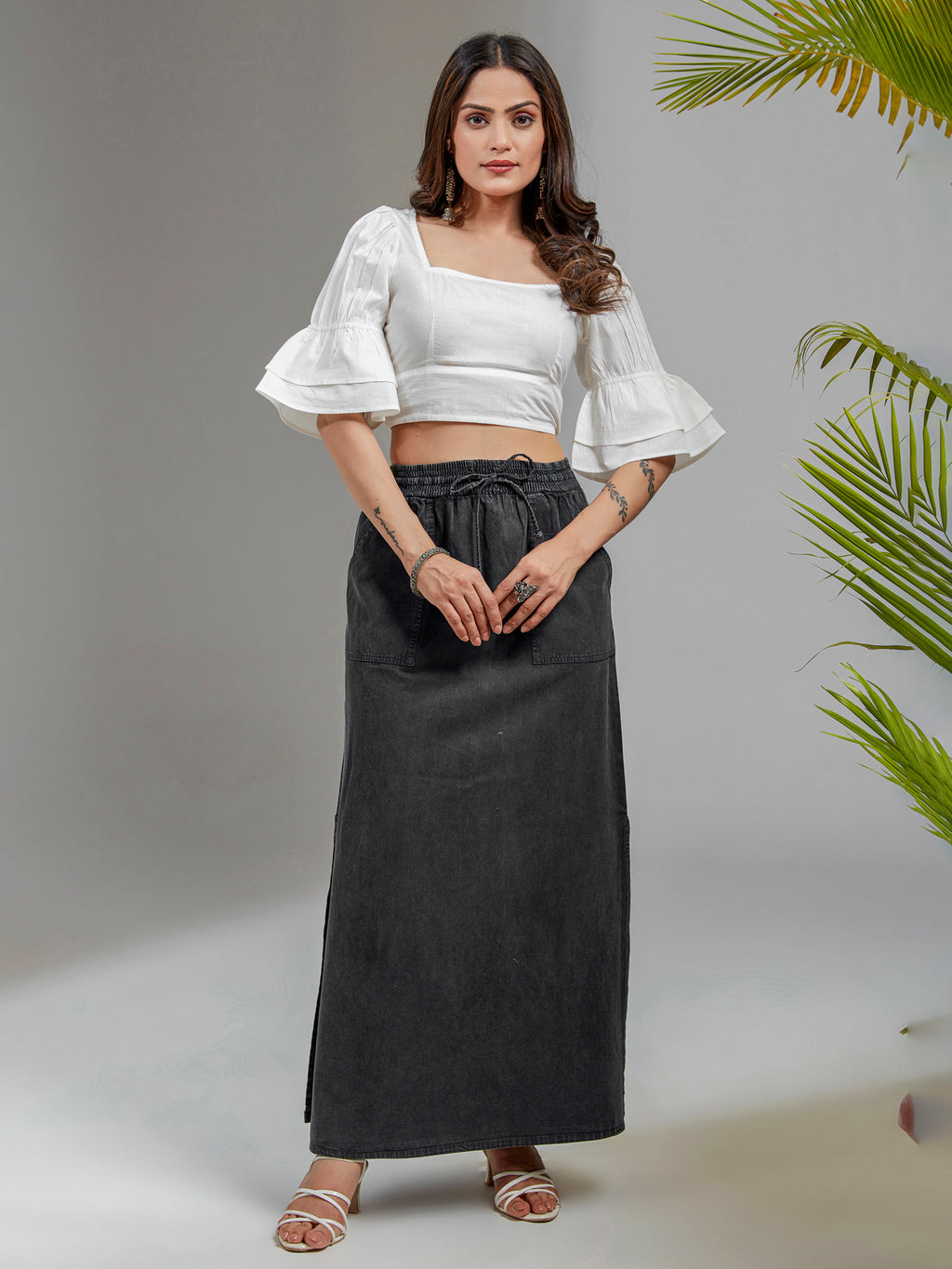 White Cotton Square Neck Balloon Sleeve Crop Top