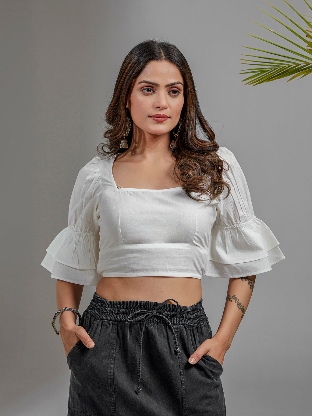 White Cotton Square Neck Balloon Sleeve Crop Top