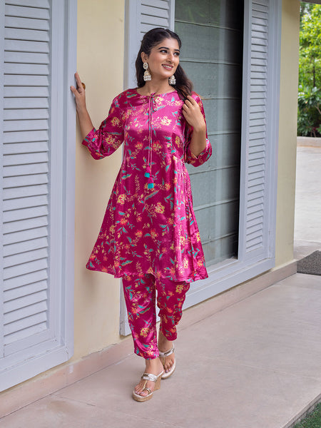 PINK SATIN CO-ORD SET WITH DIGITALLY PRINTED FLORAL JAAL