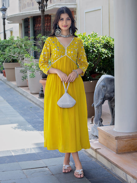 Mustard Georgette Embroidered A-line Dress