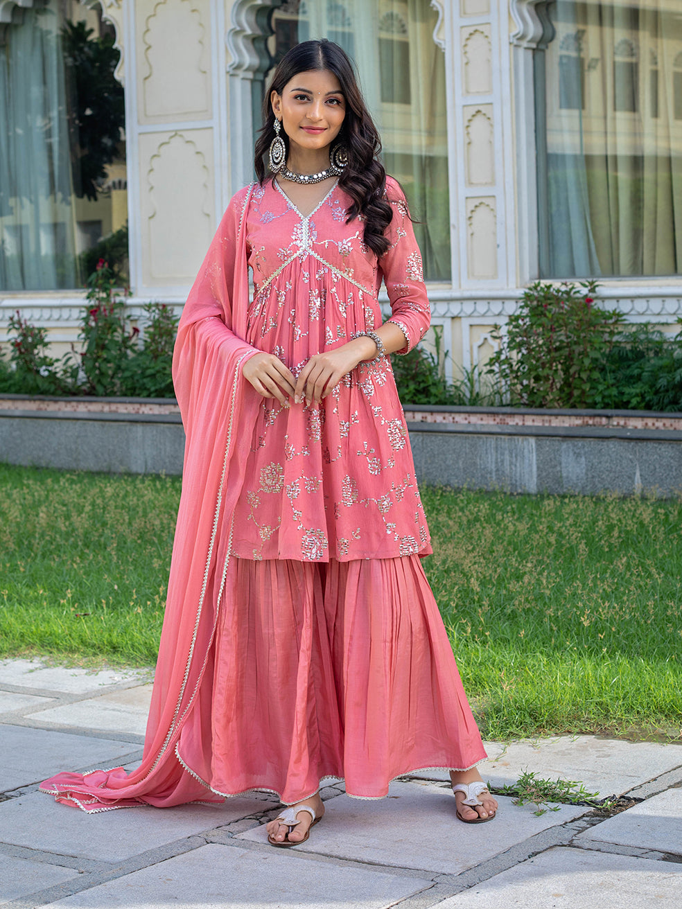 Pastel pink sharara set with sequin jaal embroidered kurta