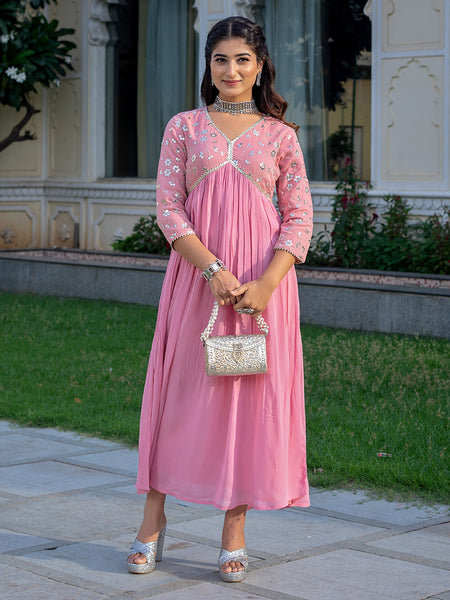 Pastel Pink Georgette Embroidered A-line Dress