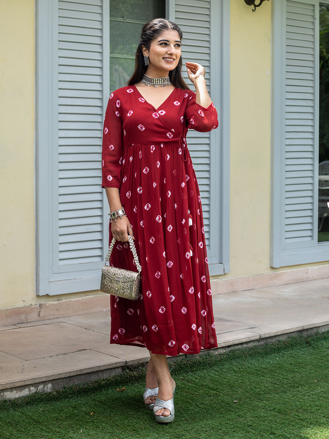 Maroon Georgette Printed Angrakha Dress