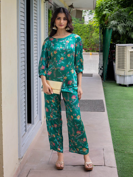 BOTTLE GREEN CO-ORD SET WITH  DIGITALLY PRINTED FLORAL JAAL