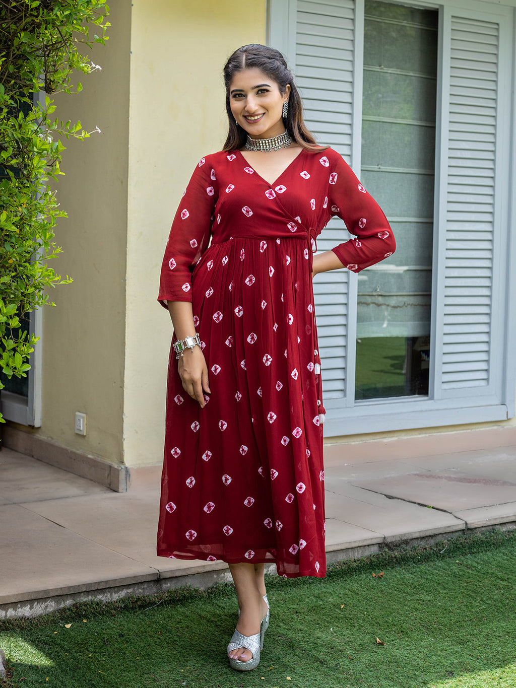 Maroon Georgette Printed Angrakha Dress