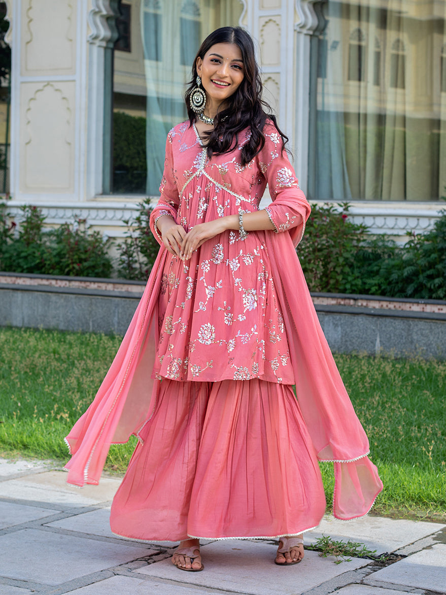 Pastel pink sharara set with sequin jaal embroidered kurta