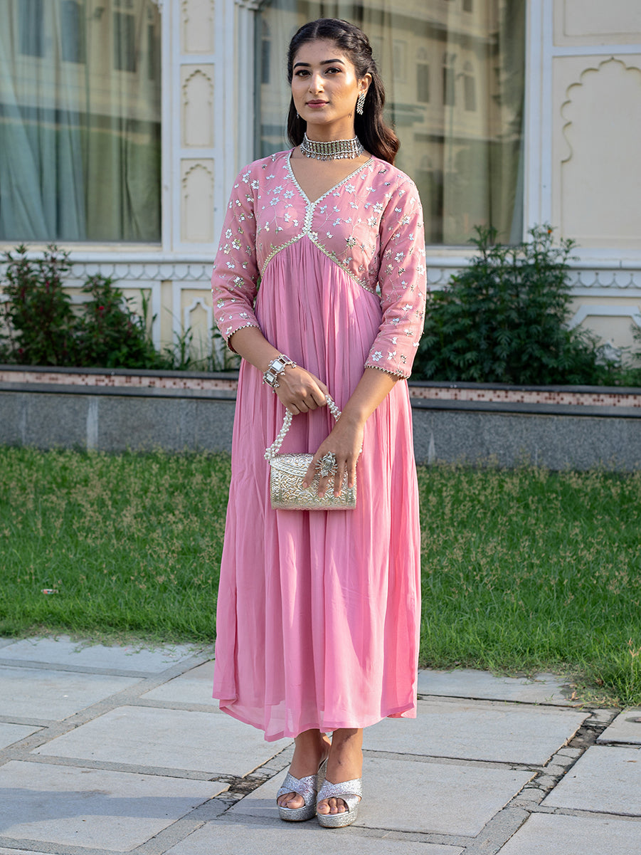 Pastel Pink Georgette Embroidered A-line Dress