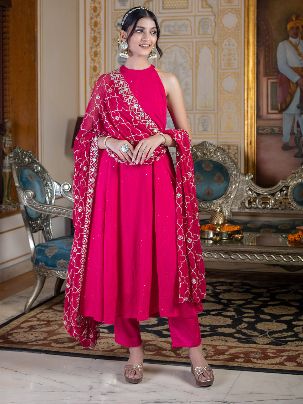 Pink halter neck kurta set with sequin embroidered dupatta