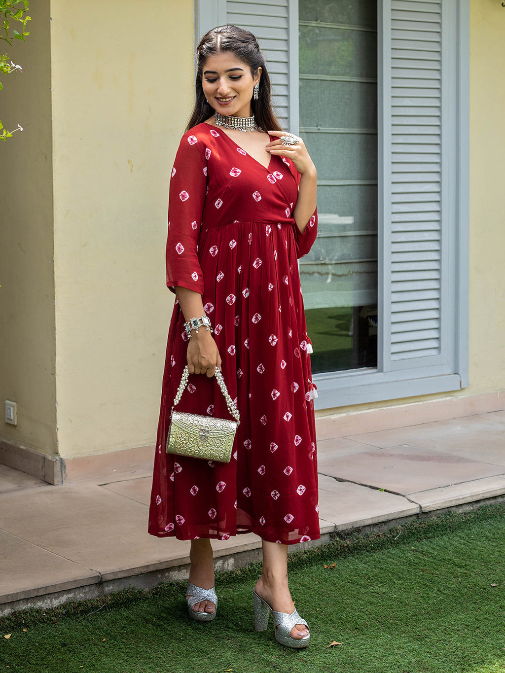 Maroon Georgette Printed Angrakha Dress