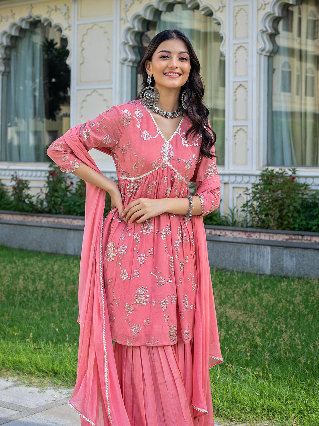 Pastel pink sharara set with sequin jaal embroidered kurta