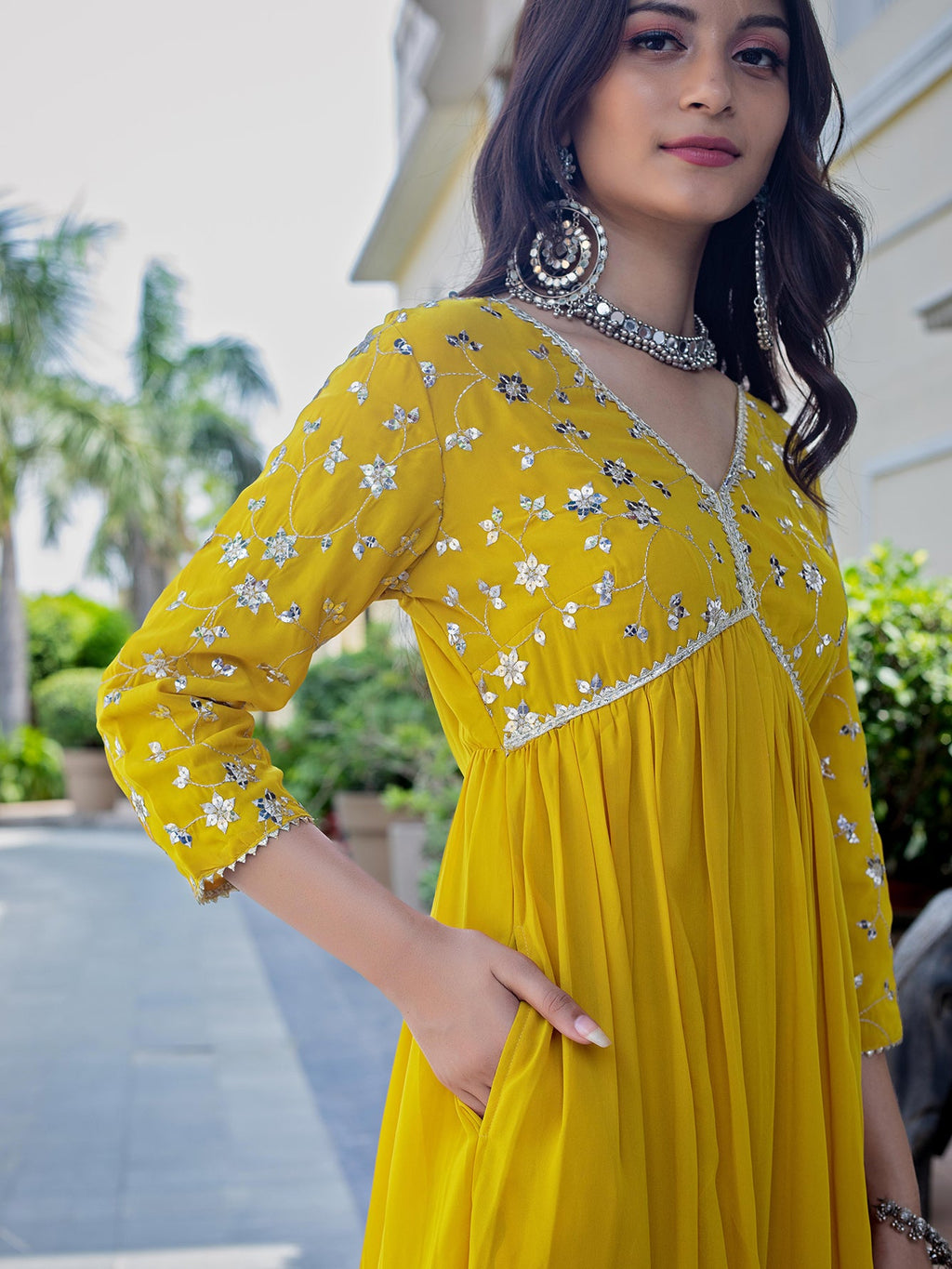 Mustard Georgette Embroidered A-line Dress