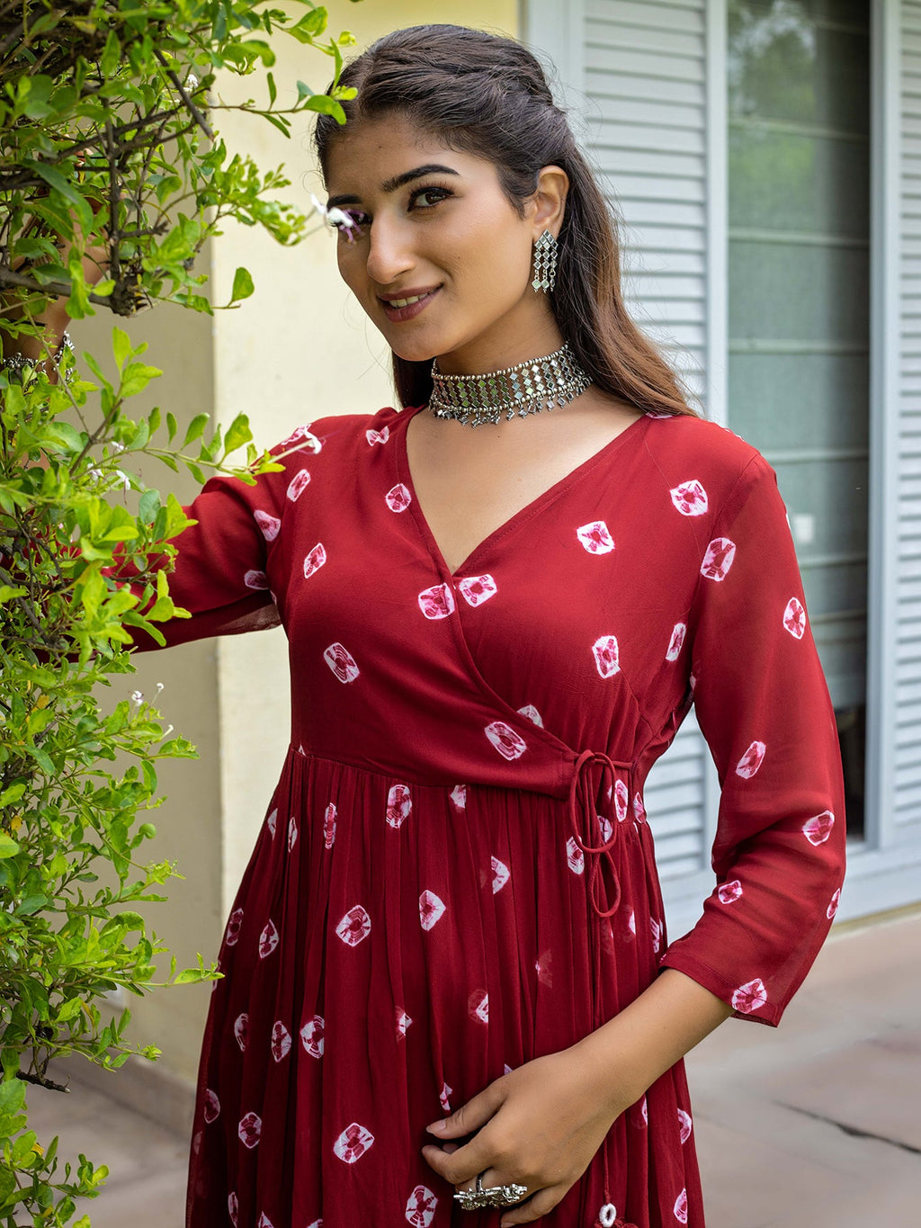 Maroon Georgette Printed Angrakha Dress