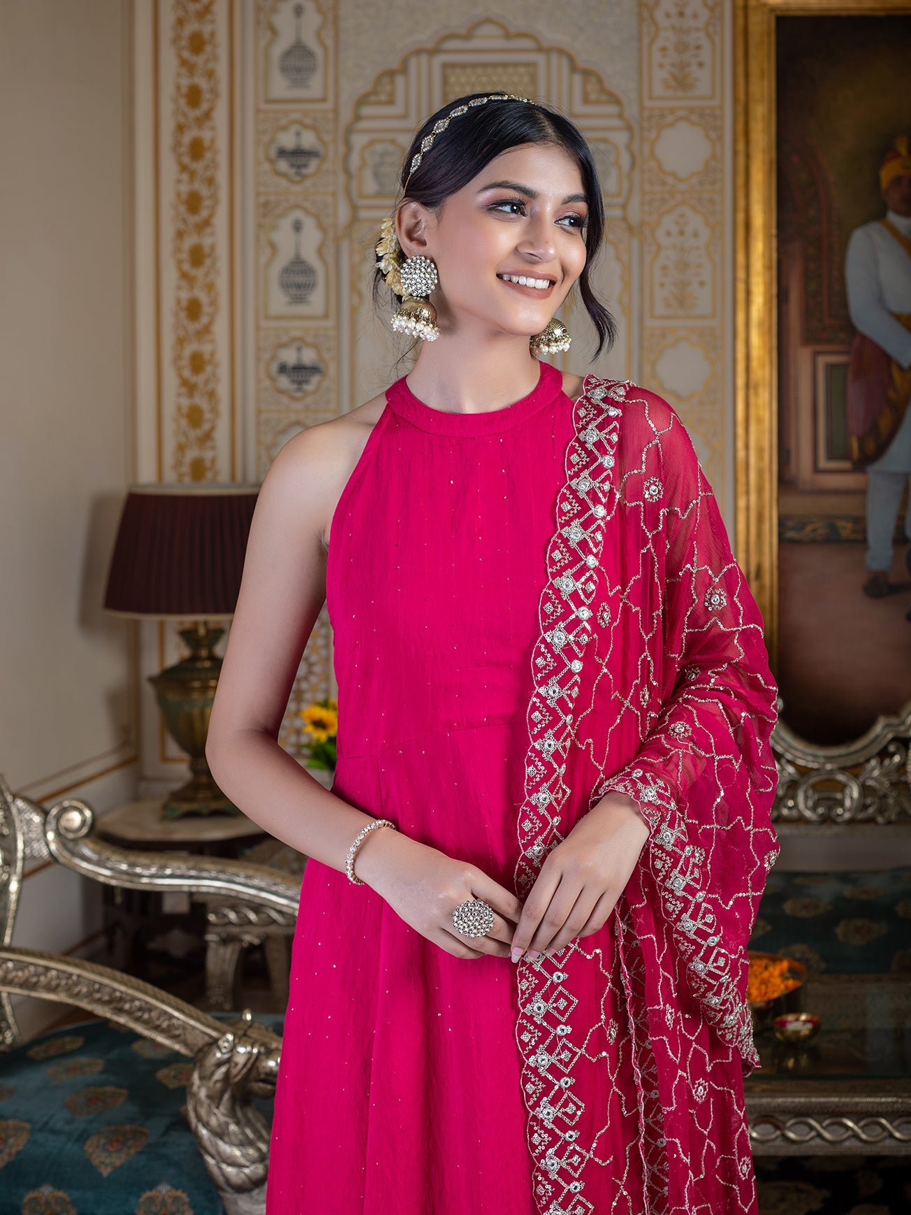 Pink halter neck kurta set with sequin embroidered dupatta