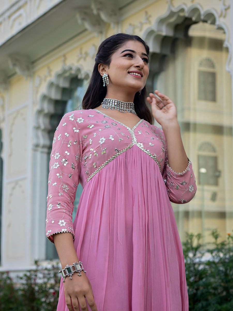 Pastel Pink Georgette Embroidered A-line Dress
