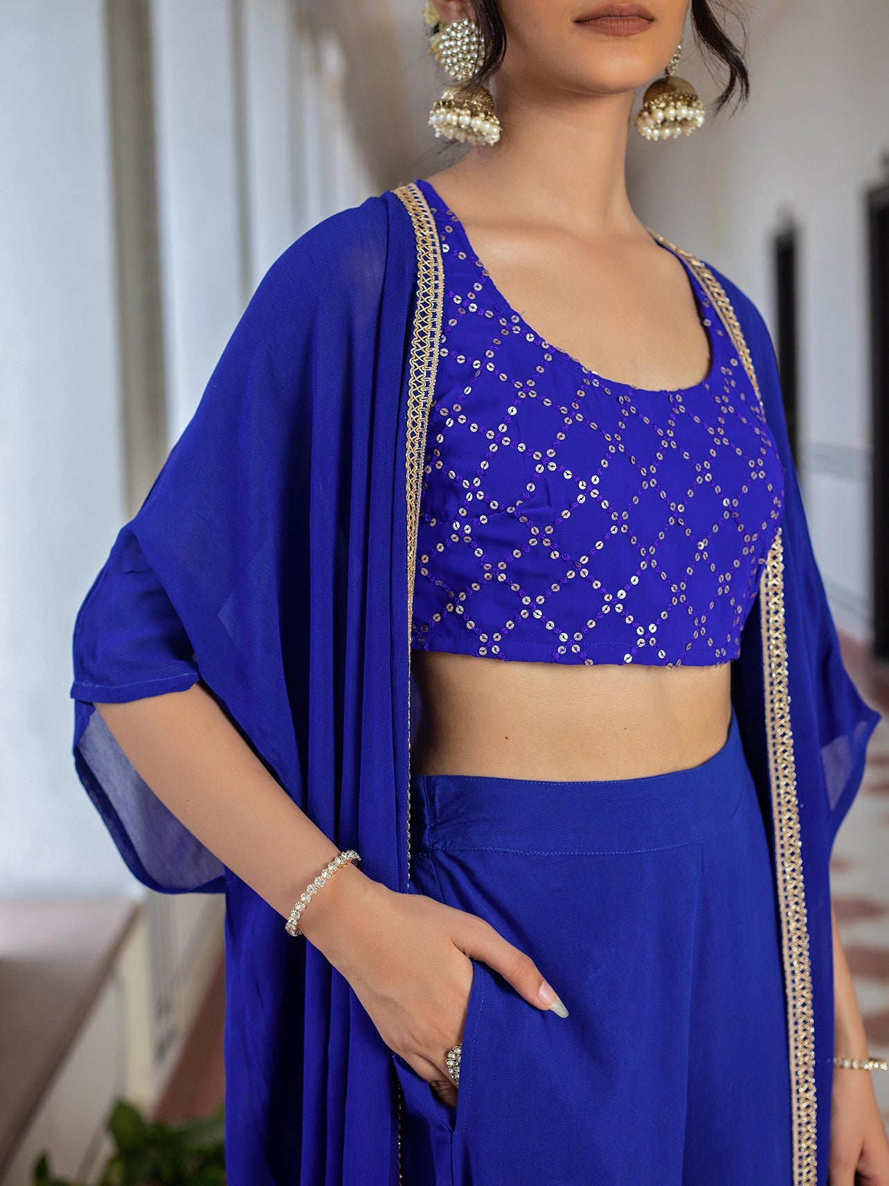 Blue CO-ORD SET WITH EMBROIDERED JAAL ON CROP TOP