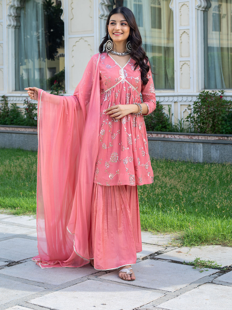 Pastel pink sharara set with sequin jaal embroidered kurta