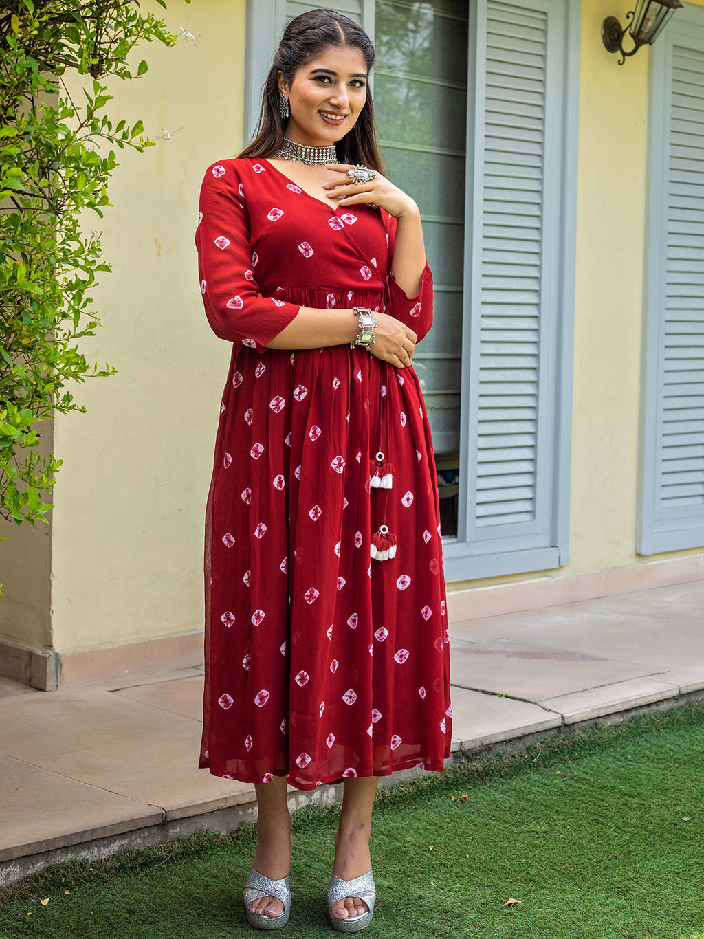 Maroon Georgette Printed Angrakha Dress