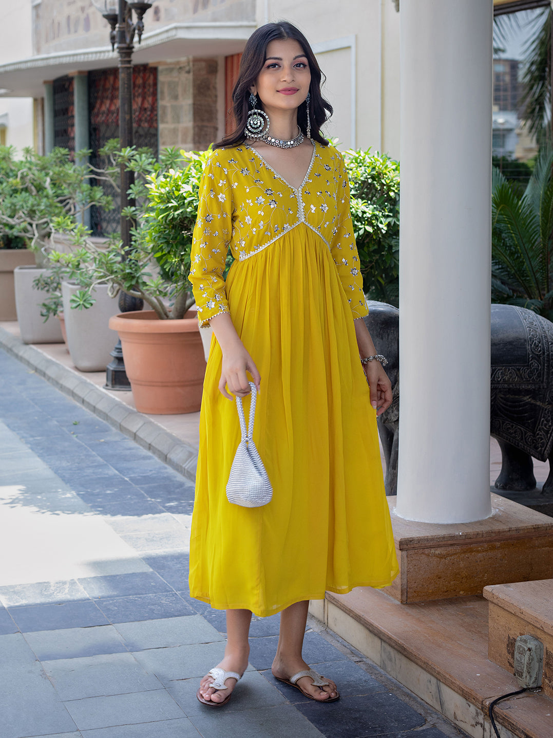 Mustard Georgette Embroidered A-line Dress