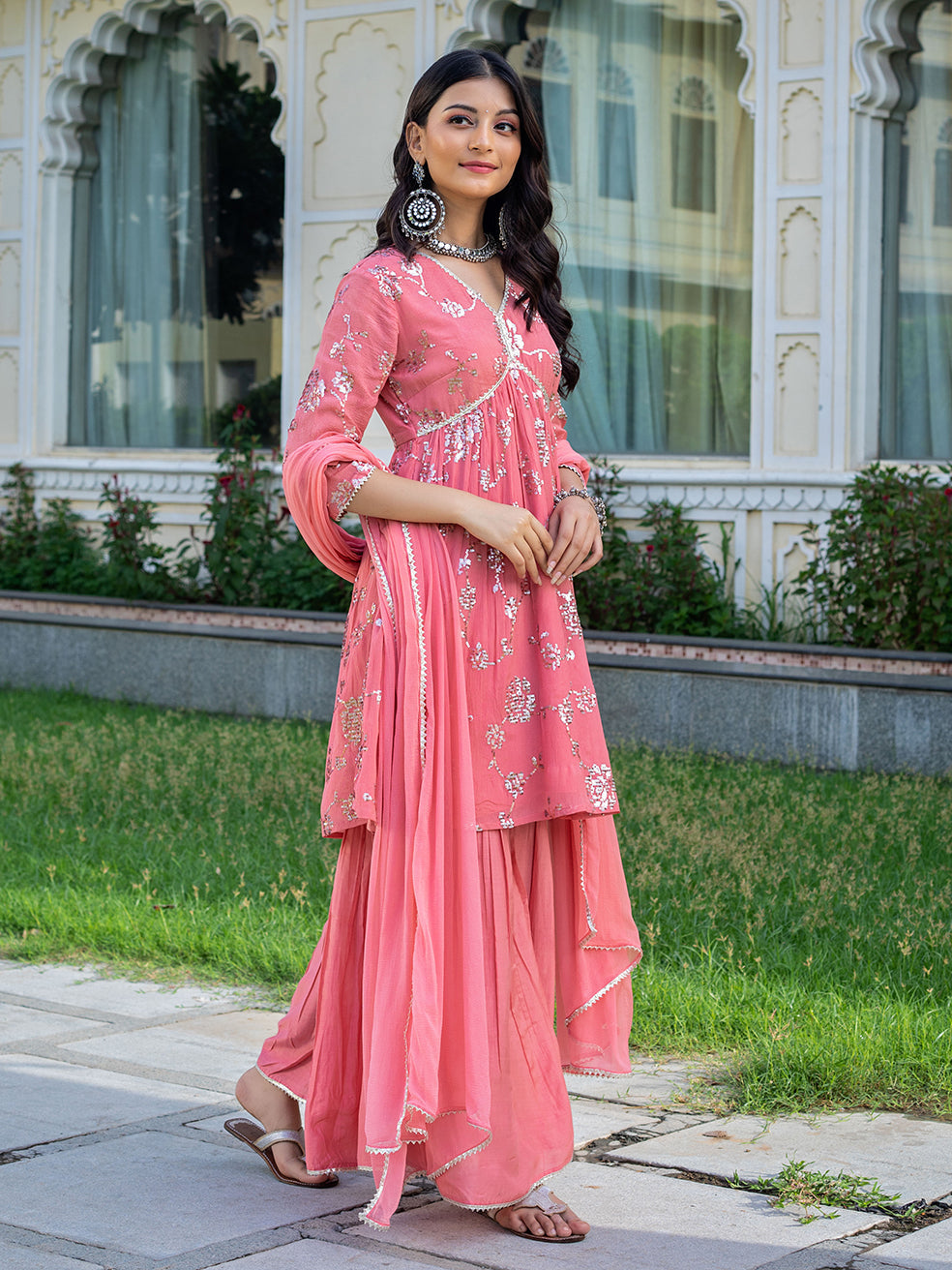 Pastel pink sharara set with sequin jaal embroidered kurta