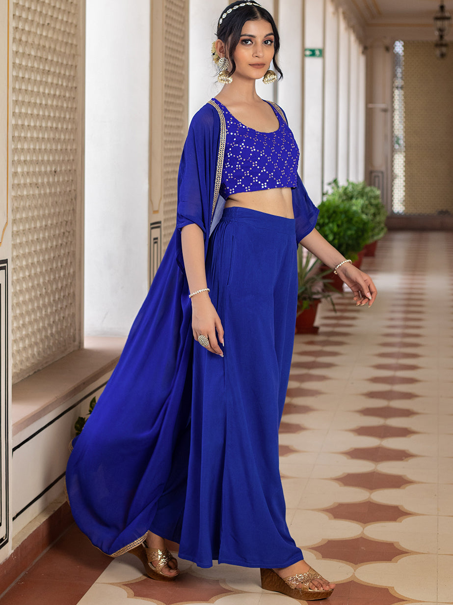 Blue CO-ORD SET WITH EMBROIDERED JAAL ON CROP TOP