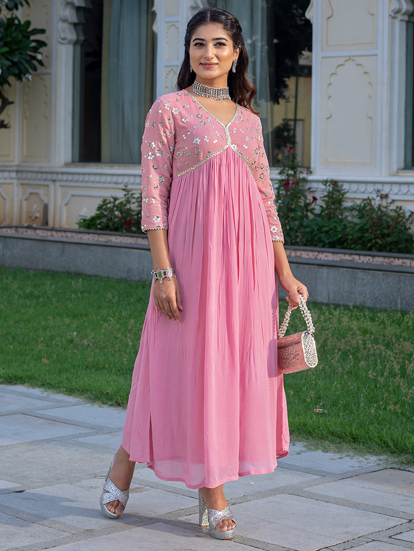 Pastel Pink Georgette Embroidered A-line Dress