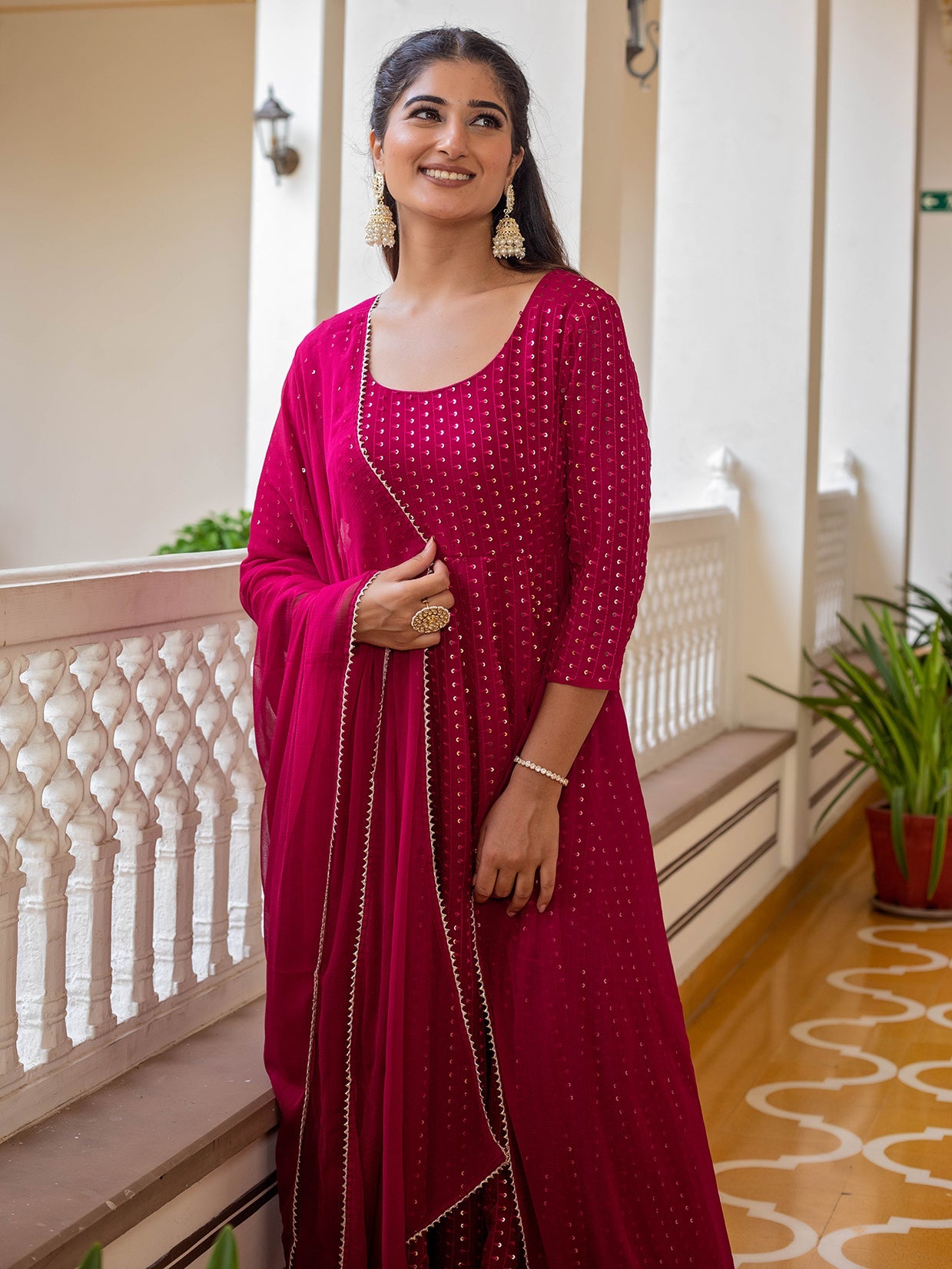 SEQUIN EMBROIDERED ANARKALI KURTA WITH PANT AND DUPATTA