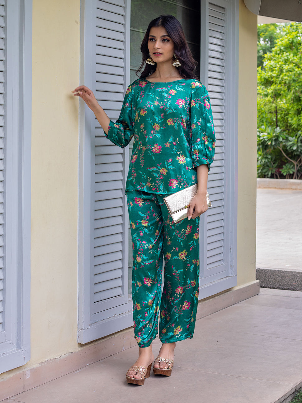 BOTTLE GREEN CO-ORD SET WITH  DIGITALLY PRINTED FLORAL JAAL