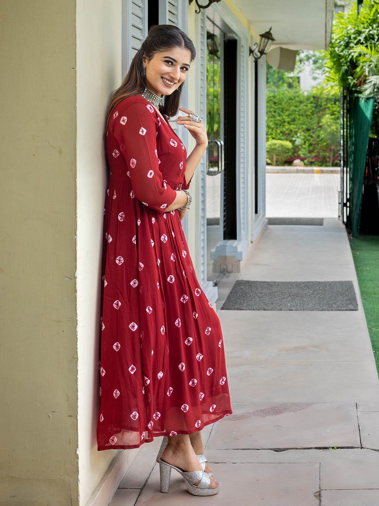 Maroon Georgette Printed Angrakha Dress