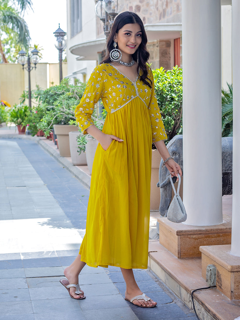 Mustard Georgette Embroidered A-line Dress