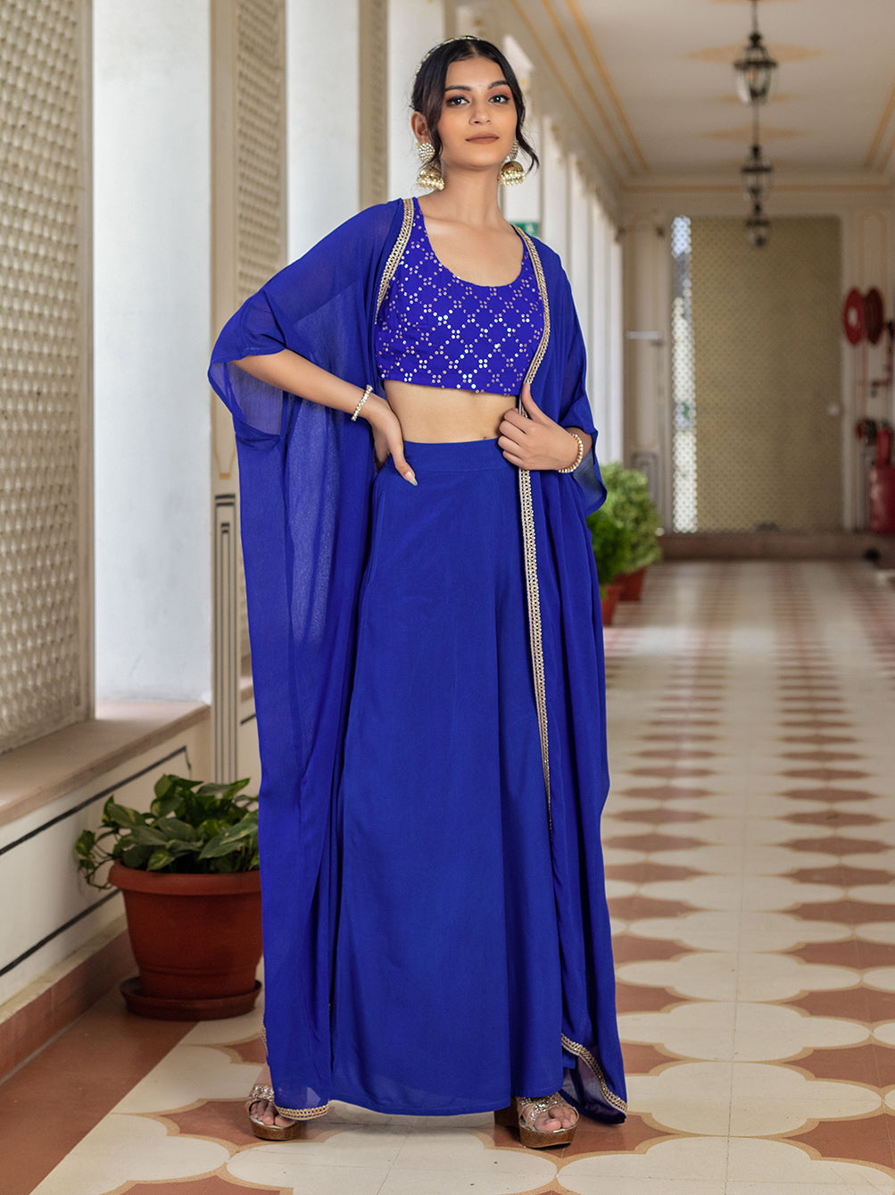 Blue CO-ORD SET WITH EMBROIDERED JAAL ON CROP TOP