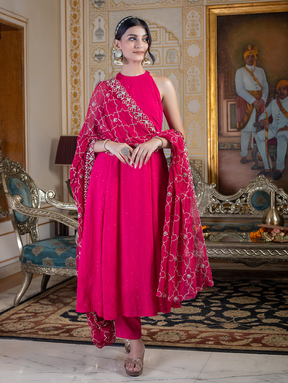 Pink halter neck kurta set with sequin embroidered dupatta