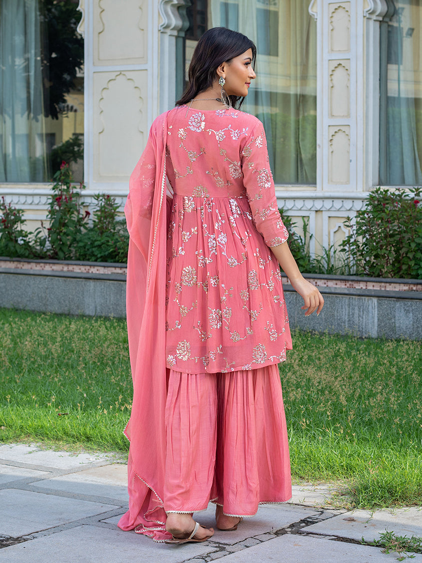 Pastel pink sharara set with sequin jaal embroidered kurta
