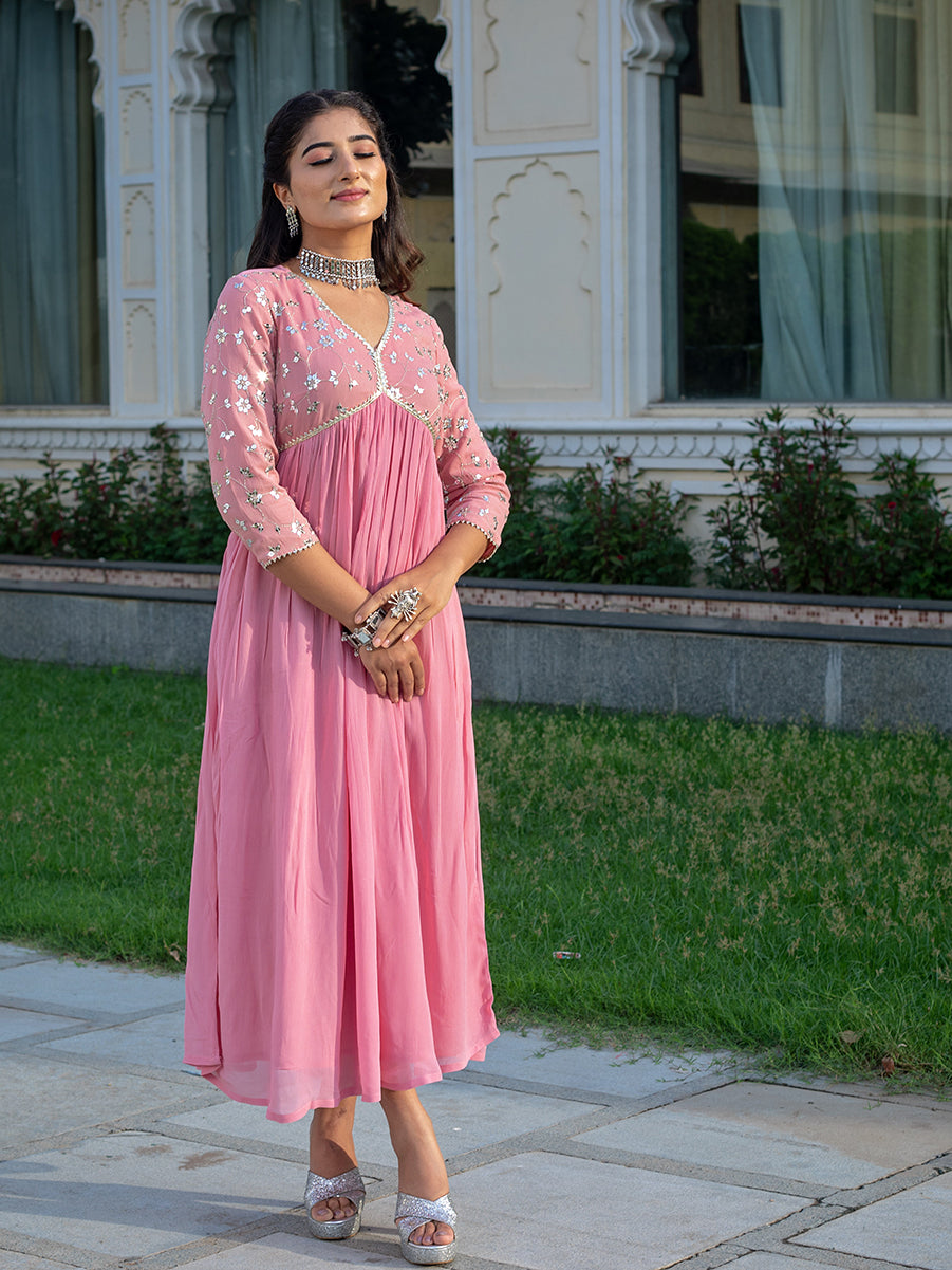 Pastel Pink Georgette Embroidered A-line Dress