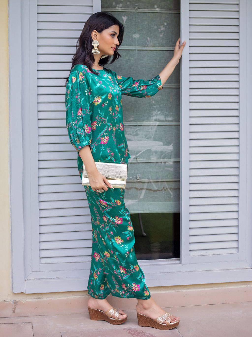 BOTTLE GREEN CO-ORD SET WITH  DIGITALLY PRINTED FLORAL JAAL