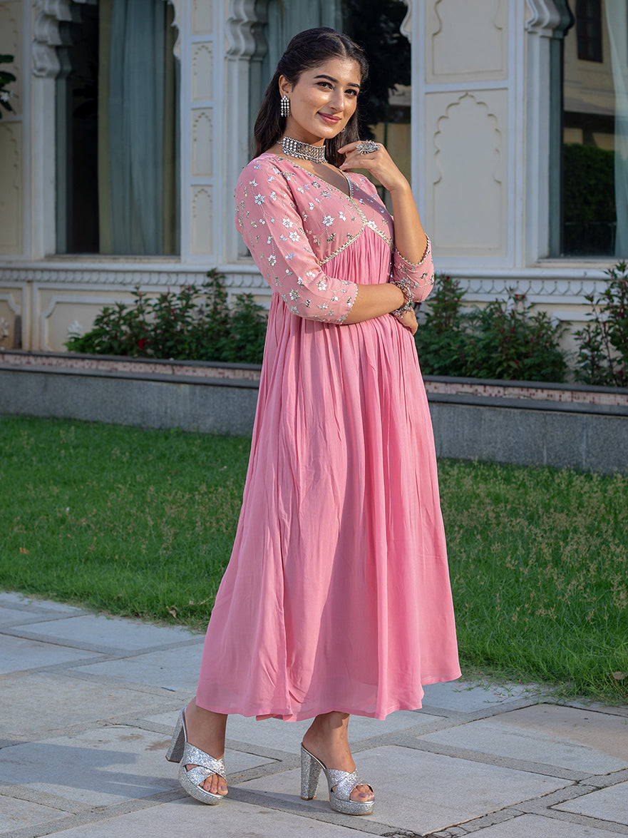 Pastel Pink Georgette Embroidered A-line Dress