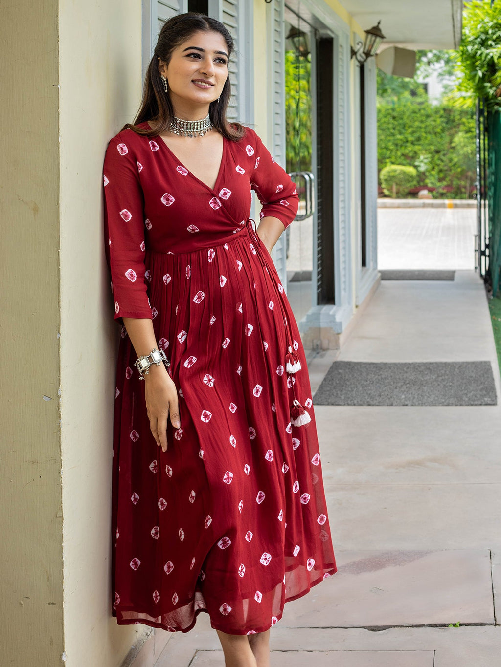 Maroon Georgette Printed Angrakha Dress