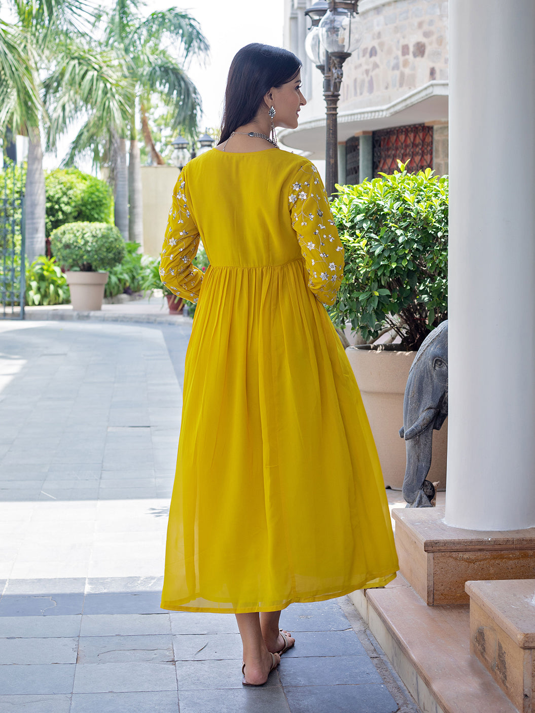Mustard Georgette Embroidered A-line Dress