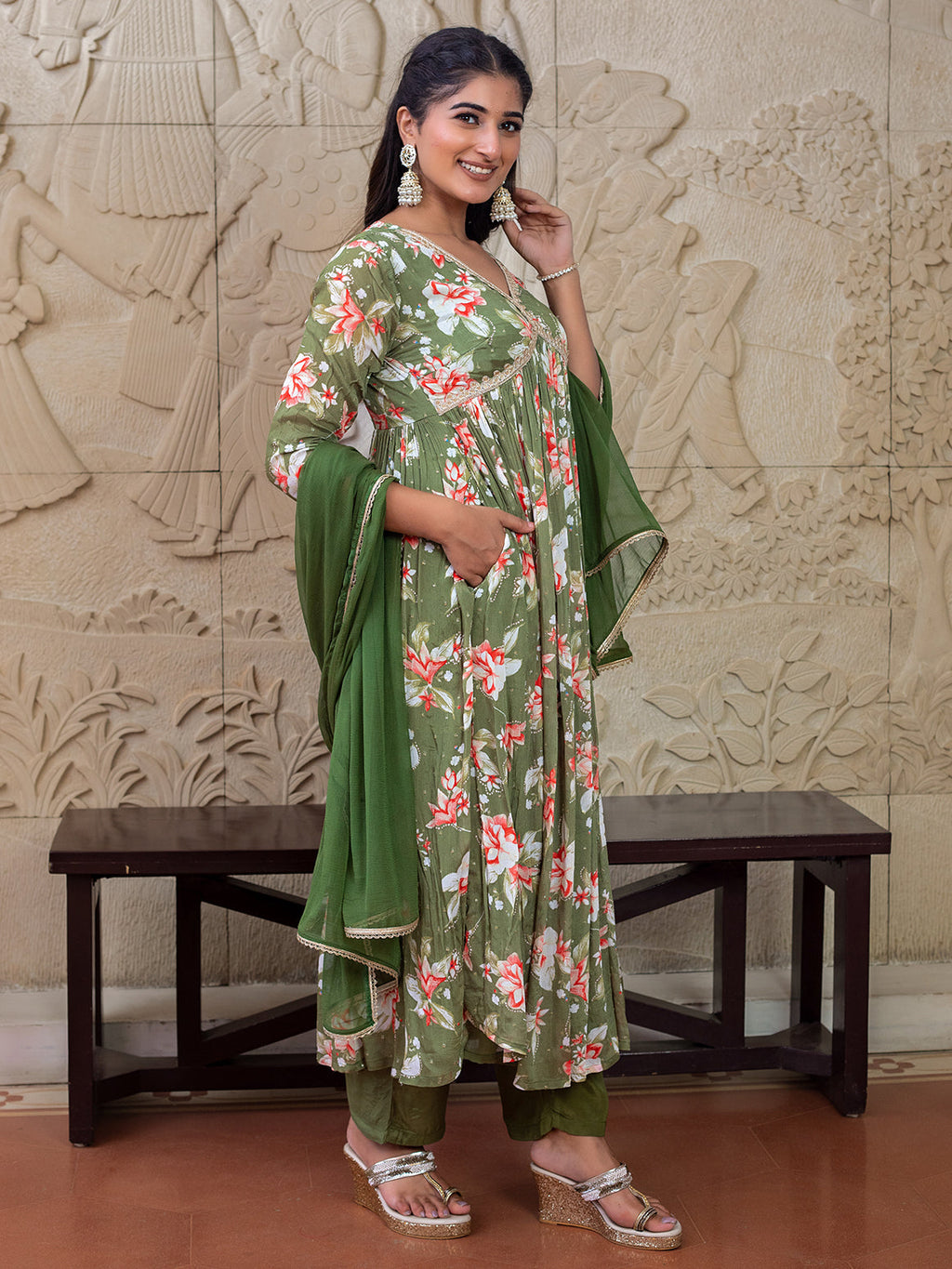 Green floral Printed Kurta Set