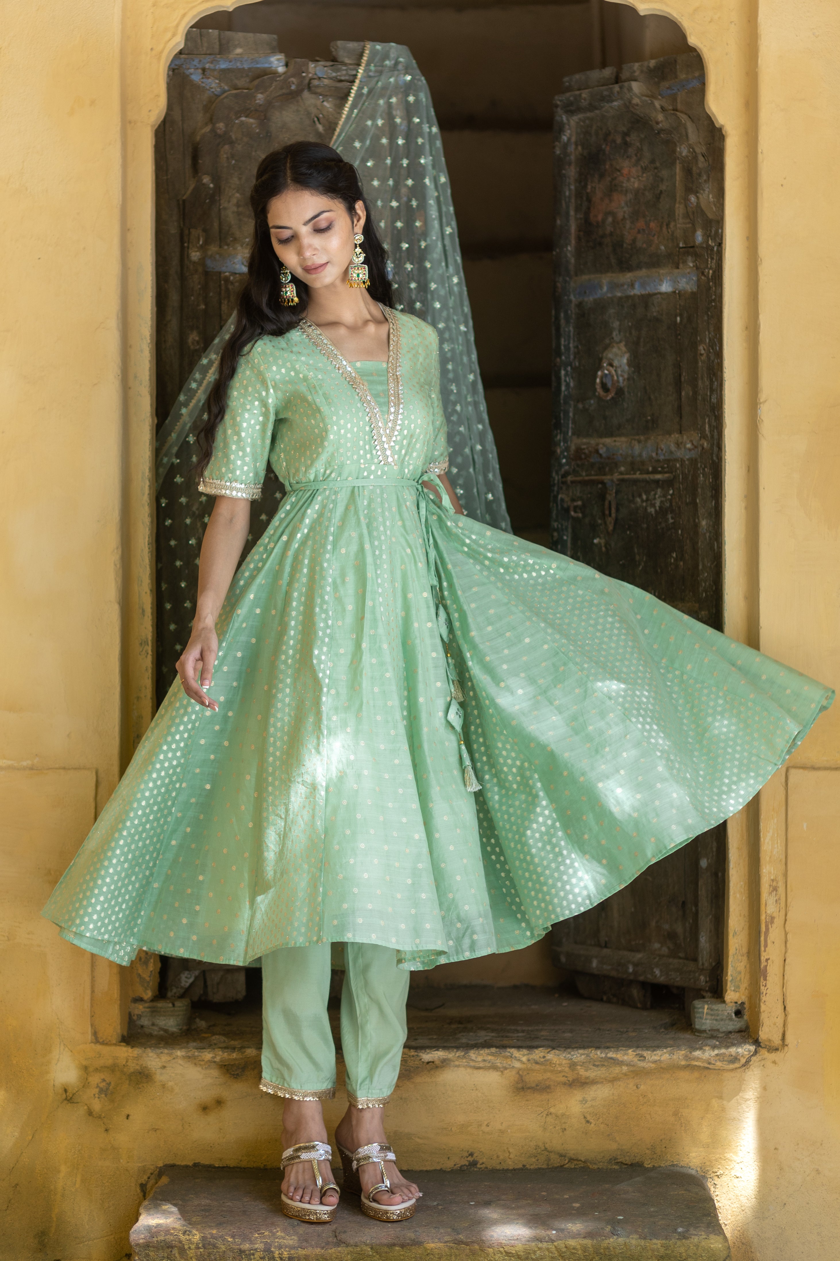 Green Jacquard V neck Anarkali Kurti with Narrow Pant Paired with Dupatta