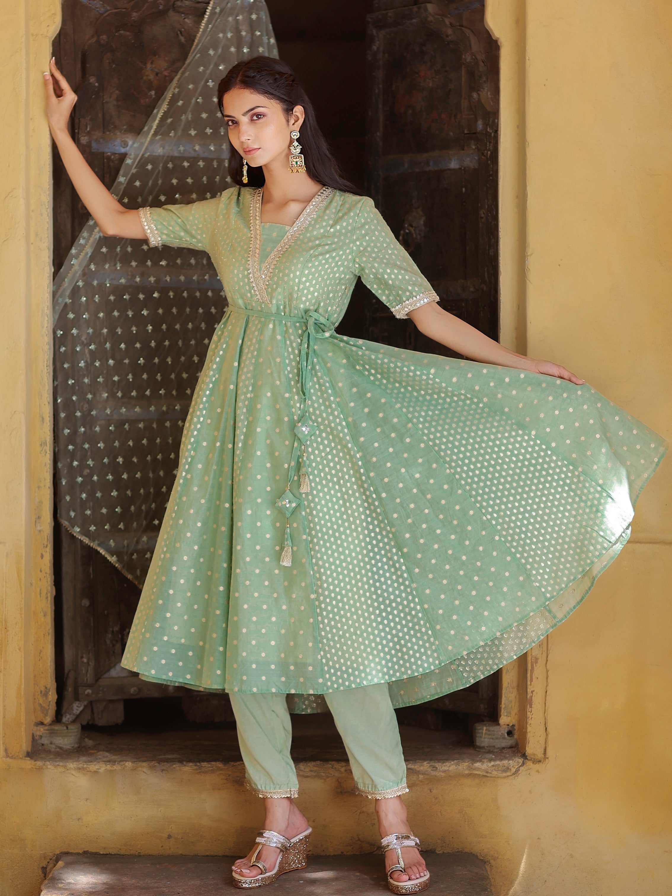 Green Jacquard V neck Anarkali Kurti with Narrow Pant Paired with Dupatta