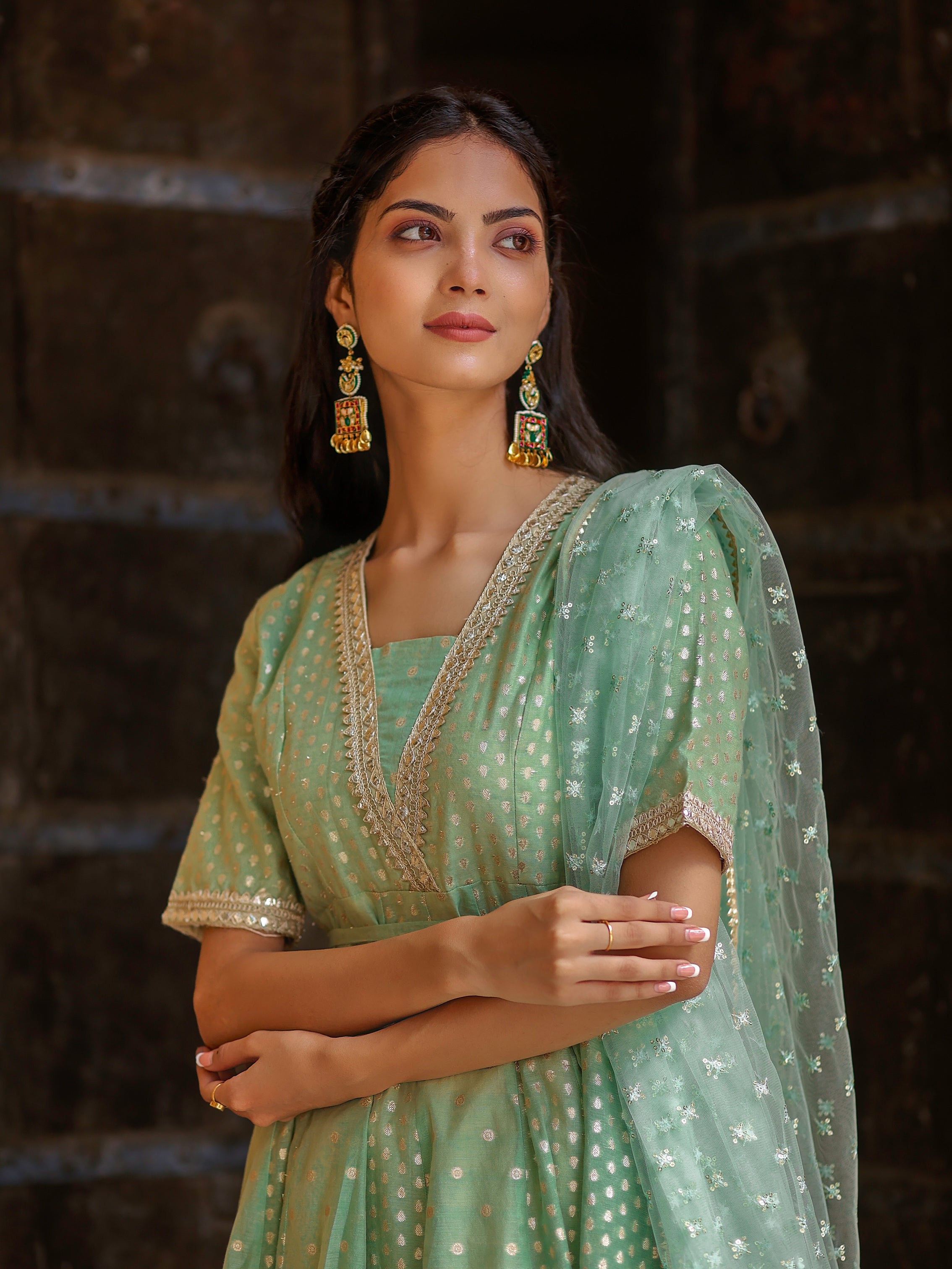 Green Jacquard V neck Anarkali Kurti with Narrow Pant Paired with Dupatta