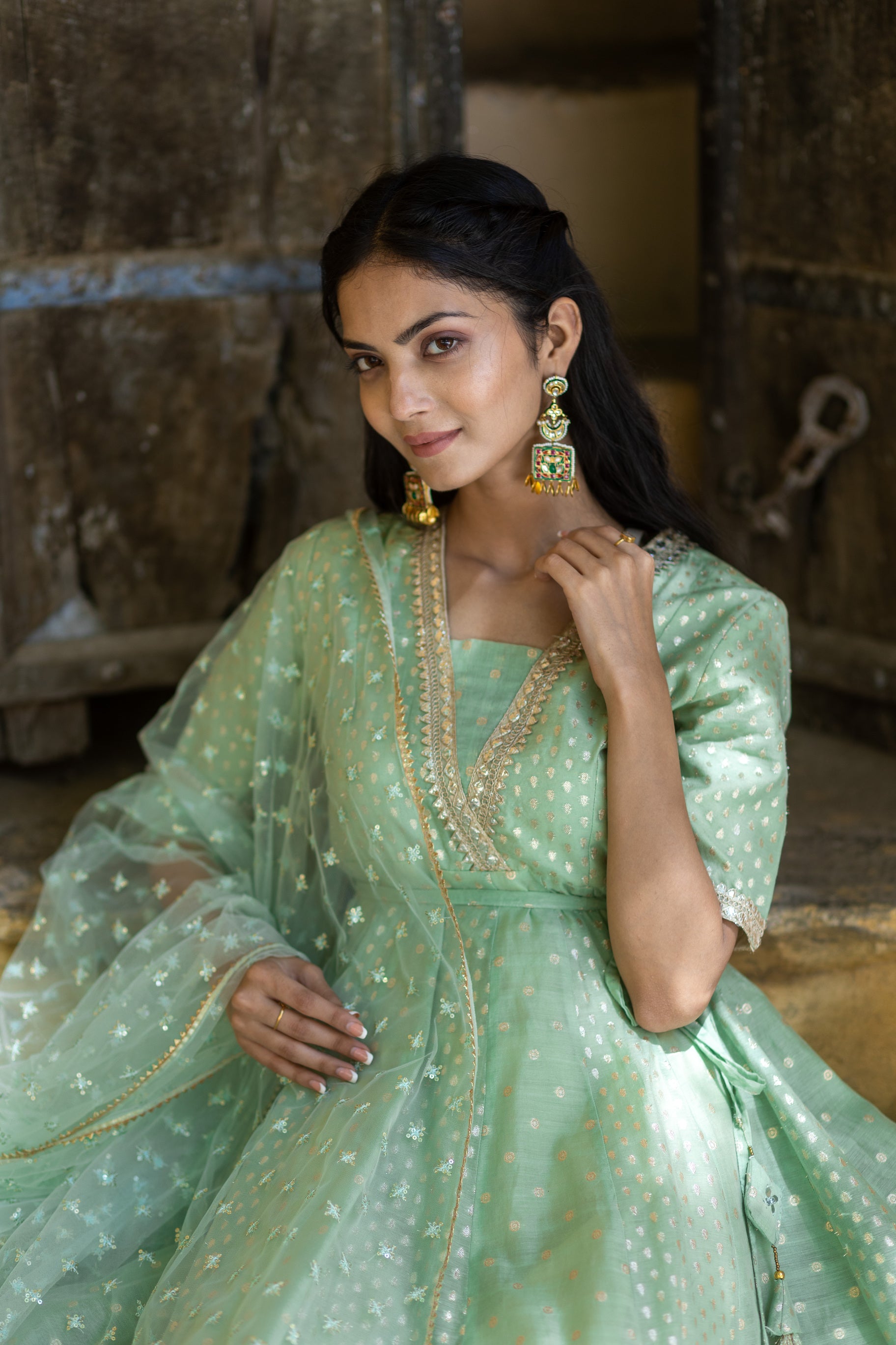 Green Jacquard V neck Anarkali Kurti with Narrow Pant Paired with Dupatta