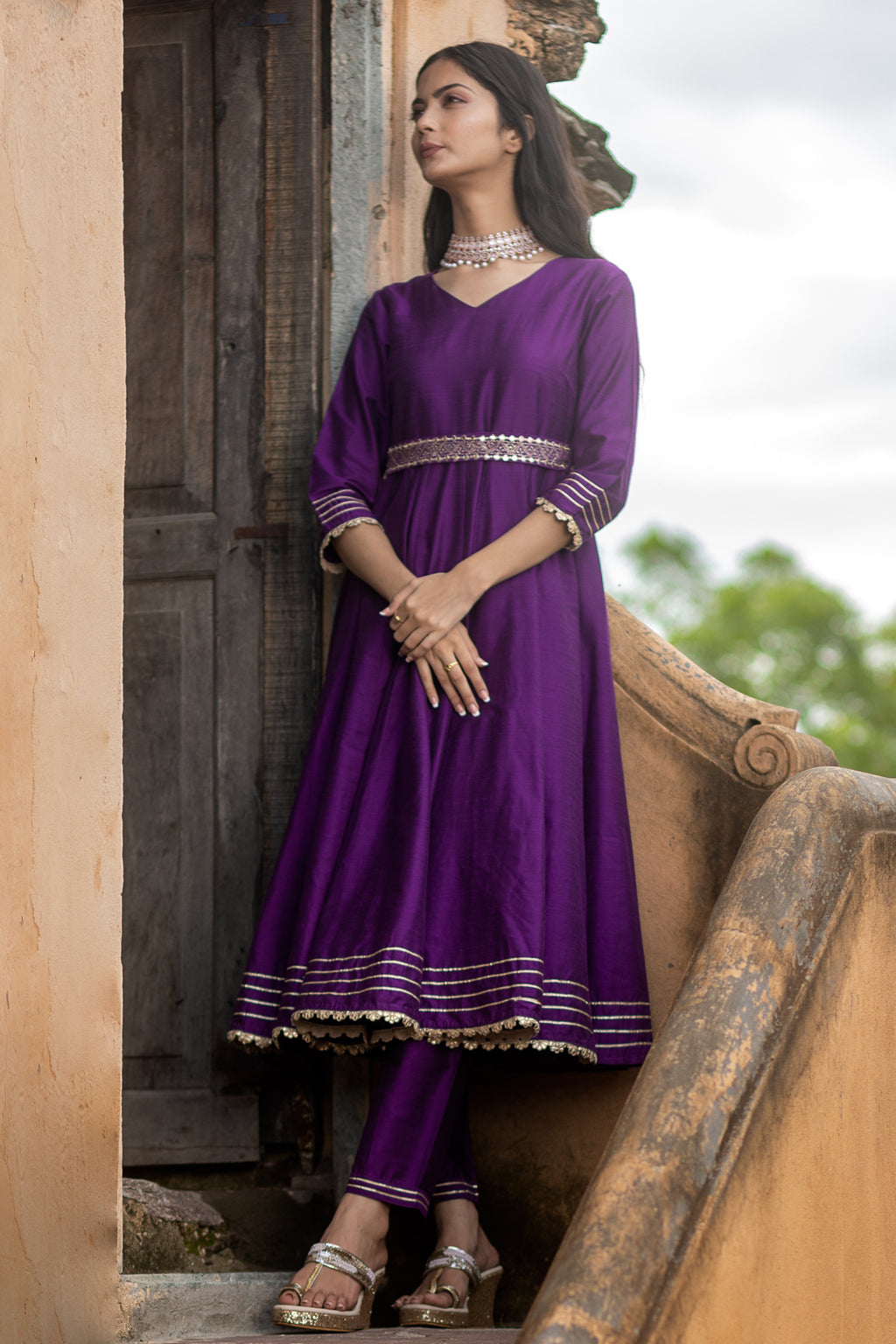 Purple Solid Anarkali with Embroidered Belt and Narrow Pant Paired with Dupatta