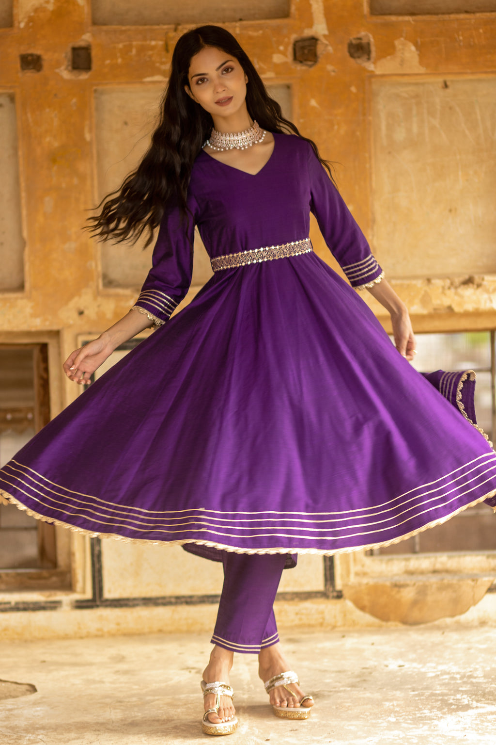 Purple Solid Anarkali with Embroidered Belt and Narrow Pant Paired with Dupatta