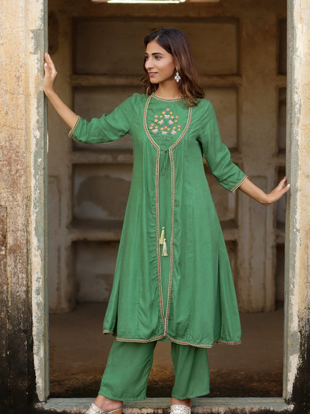 Green Flared Embroidered Kurta With Palazzo Set