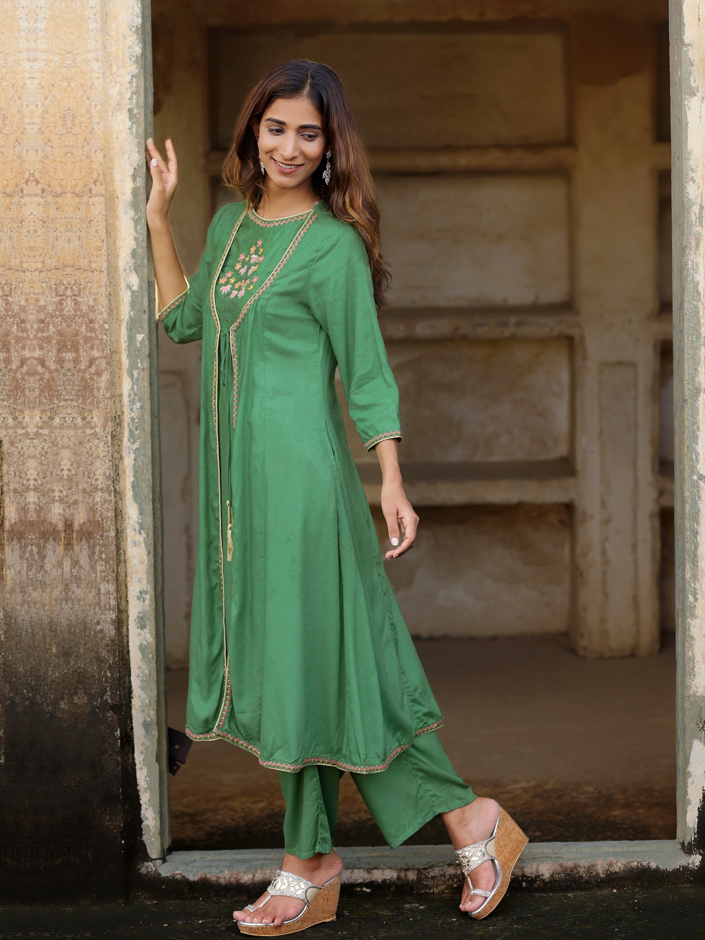 Green Flared Embroidered Kurta With Palazzo Set