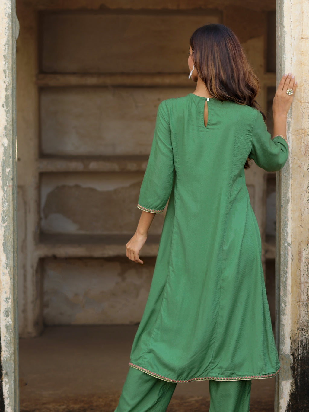 Green Flared Embroidered Kurta With Palazzo Set