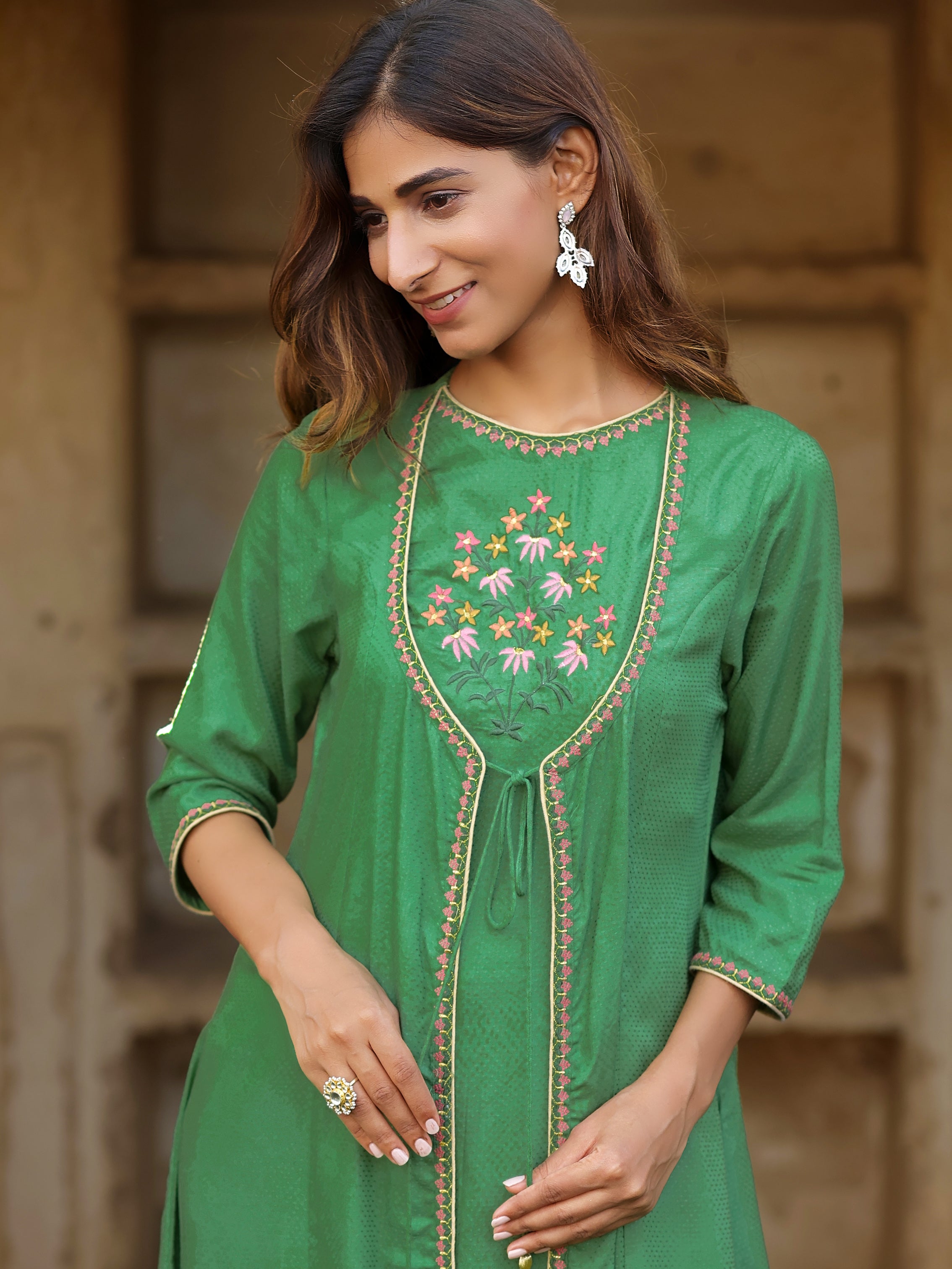 Green Flared Embroidered Kurta With Palazzo Set