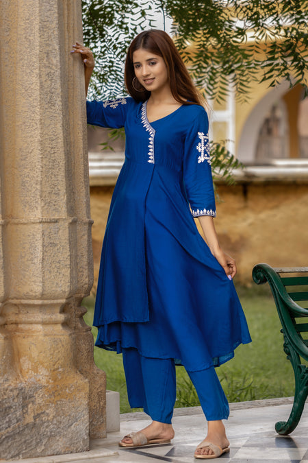 Blue Viscose Embroidered Asymmetrical Wrap Around Dress With Pant